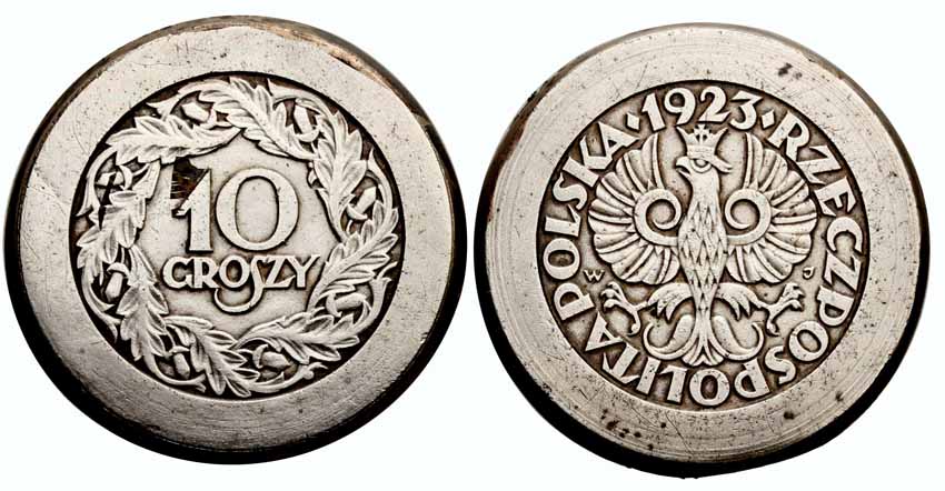 II RP Zestaw: 10 groszy 1923, jednostronne odbitki awersu i rewersu z szerokim rantem, srebro z kolekcji Włodzimierza Głuchowskiego